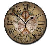 Madcolitote Horloge murale de 30,5 cm style shabby chic en bois vieilli style grange médiévale Europe Horloge murale à piles Carte du monde ancienne carte du monde Décoration de salon Cadeau pour