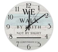 Madcolitote Horloge murale de 38,1 cm avec verset de la Bible - Horloges murales en bois We Walk by Faith Not by Sight Corinthians 5:7 - Citation de Jésus religieuse chrétienne - Cadeau de