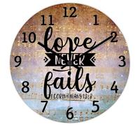 Madcolitote Horloge murale Love Never Fails 1 Corinthians 33-8 avec verset de la Bible - 38,1 cm - Fonctionne à piles - Décoration murale chrétienne pour cuisine, salon, chambre à coucher, bureau
