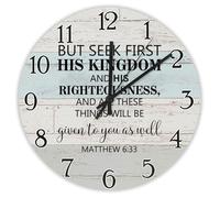 Madcolitote Horloge murale religieuse chrétienne ronde décorative 25,4 cm But Seek First His Kingdom Verse de la Bible Décoration chrétienne pour salon, chambre à coucher, bureau, cuisine, cadeau de