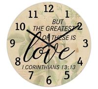 Madcolitote Horloge murale ronde avec verset biblique de 25,4 cm avec inscription « But The Greatest of These Is Love I Corinthians » pour chambre à coucher, salon, cuisine, école, bureau