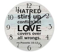 Madcolitote Horloge murale ronde décorative avec citation religieuse - 30,5 cm - La haine remue les proverbes de conflit - Verset biblique 10:12 - Décoration de salon chrétienne - Cadeau pour homme