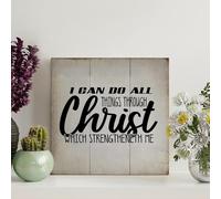 Madcolitote Panneau en bois avec verset de la Bible rustique « I Can Do All Things through Christ » - 20,3 x 20,3 cm - Décoration murale chrétienne rustique - Décoration murale de cuisine - Cadeau de