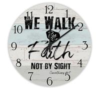 Madcolitote We Walk by Faith Not by Sight Corinthians Horloge murale en bois 5:7 avec verset de la Bible Horloge murale chrétienne fonctionne à piles 25,4 cm Décoration religieuse silencieuse pour