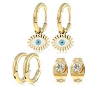 Made by Nami Boucles d'Oreilles Femme Or Evil Eye Set 3 Pièces Pendantes Oeil Bleu Nazar Acier Inoxydable Chirurgical Antiallergie Étanche