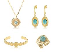 Made by Nami Parure de bijoux Boho pour femme avec pendentif, bracelet doré, boucles d'oreilles suspendues et bague réglable en acier inoxydable chirurgical, étanche et hypoallergénique, Klein, Acier