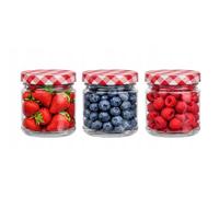 made in home - Lot de 30 mini bocaux en verre ronds dorés de 210 ml - Pour confiture, moutarde, miel - Avec couvercle (30, grille rouge, 210 ml)