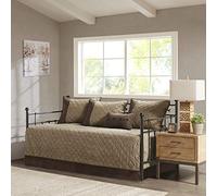 Madison Park Boone Couvre-lit matelassé Double Face en Daim synthétique pour lit de Jour Toutes Saisons avec Cache-lit, taies Assorties et oreillers décoratifs (190,5 x 99,1 cm), Marron - 6 pièces