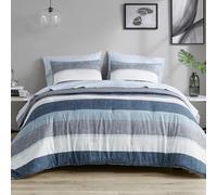 Madison Park Essentials Jaxon Parure de lit 7 pièces avec Drap, Motif à Rayures imprimées, literie Moderne pour Toutes Les Saisons et taie d'oreiller Assortie, très Grand lit californien, Bleu/Gris