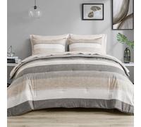 Madison Park Essentials Parure de lit Bed in A Bag 7 pièces pour lit double, imprimé à rayures décontractées et modernes, toutes saisons, relooking de literie en microfibre douce, taies assorties, lit