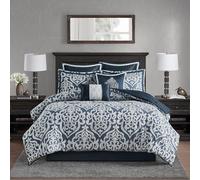 Madison Park Odette 8 Piece Comforter Textured Jacquard, Damask Medallion, Embroidered Pillow All Season Modern Classic Luxe Bedding Set, Matching Sham, Bedskirt, Queen, Navy