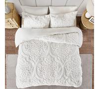 Madison Park Parure de lit 3 pièces en chenille touffetée 100 % coton moderne de luxe toutes saisons avec housse de couette et taies assorties pour lit double/grand lit (228,6 x 228,6 cm), damassé blanc cassé