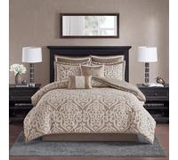 Madison Park Parure de lit Alternative en Duvet Toutes Saisons, taies d'oreiller Assorties, Jupe de lit, oreillers décoratifs, Polyester, Couette Marron Clair, 8 pièces, Grand lit