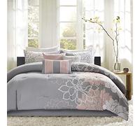 Madison Park Parure de lit Alternative en Duvet Toutes Saisons, taies d'oreiller, Jupe de lit, oreillers décoratifs, Satin de Coton, Gris/Rose pâle, très Grand lit californien (264,2 x 233,7 cm)