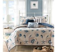 Madison Park Parure de lit légère et Respirante pour Toutes Les Saisons, Housse de Couette Assortie, taie d'oreiller décorative, Polyester, Bleu Coquillage, Taille King Size (264,2 x 238,8 cm)