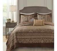 Madison Park Parure de lit Traditionnelle de Luxe, Couvre-lit et taies d'oreiller matelassés en Polyester Jacquard, 90% Coton 10% Autres Fibres, oreillers en Microfibre, Marron/Or, Grand lit