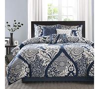 Madison Park Sateen Comforter Set légère Toutes Saisons, Couvre-lit, oreillers décoratifs, Satin de Coton, 100% Polyester, Indigo de Vienne, Queen(90"x90")