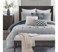 MADISON PARK SIGNATURE Couette en Coton Jacquard à Clips pour Grand lit, Couette surdimensionnée en Duvet Alternatif pour Toutes Les Saisons, Essence, lit Double/Grand lit, Bleu, 8 pièces