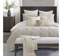 Madison Park Signature Parure de lit 9 pièces surdimensionnée en Coton avec Housse Amovible pour très Grand lit, Motif à Rayures Jacquard et Boutons - Ivoire
