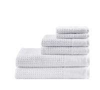 Madison Park Spa Waffle Jacquard 600 GSM 100% Cotton Combed Velour Ultra Soft Absorbent Quick Dry Hotel Bathroom Towel Set Shower Hand Face Washcloths, Assorted Sizes, White 6 Piece
