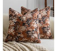 Madizz Lot de 2 décoratives Motifs Floraux Housses de Coussin Jacquard Unies Douces pour canapé Salon et Chambre Terracotta Charbon 45x45 cm