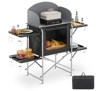 MADOG Table de Cuisine de Camping Pliante en Aluminium avec Pare-Vent, Organiseur de Rangement et Sac de Transport, pour fêtes en Plein air, Pique-niques, Argent