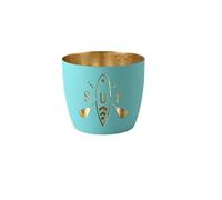 Madras, Photophore M, motif SUP, turquoise/doré H 8,5, D 10 cm