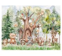 madras24 Papier peint photo animaux de la forêt pour chambre d'enfant, papier peint pour enfants, arbres, décoration murale, papier peint sur mesure aquarelle