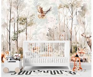 madras24 Papier peint photo animaux de la forêt pour chambre d'enfant, papier peint pour enfants, arbres, décoration murale, papier peint sur mesure aquarelle