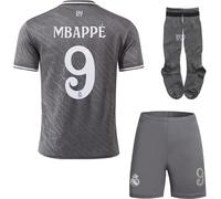 Madrid #9 Mbappe 24/25 Maillot Extérieur Football pour Enfants Shorts, Chaussettes, Tailles Jeune, Coffret Cadeau (Gris, 30)