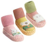 Maeau - Bébé Chaussette Antidérapante Socquette Enfant Bas Fille Garçon Hiver Apprennent à Marcher Nouveau-nés Semelle en Caoutchouc Chaud 3 Paires - Jaune+Rose rouge+Vert rose - 6-12 Mois