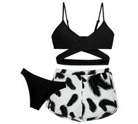 Maeau - Bikini Fille Maillot de Bain 3 Pièces Bikini Top+Culotte Bikini+Short de Bain Enfants Set de Natation Plage Piscines Hawaïen - Noir - 12-13 Ans