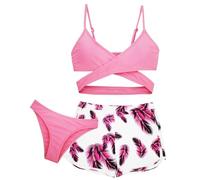 Maeau - Bikini Fille Maillot de Bain 3 Pièces Bikini Top+Culotte Bikini+Short de Bain Enfants Set de Natation Plage Piscines Hawaïen - Rose - 12-13 Ans