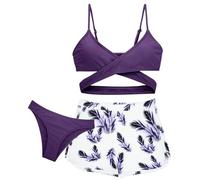 Maeau - Bikini Fille Maillot de Bain 3 Pièces Bikini Top+Culotte Bikini+Short de Bain Enfants Set de Natation Plage Piscines Hawaïen - Violet - 12-13 Ans