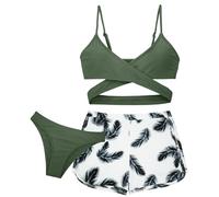 Maeau - Bikini Fille Maillot de Bain 3 Pièces Bikini Top+Culotte Bikini+Short de Bain Enfants Set de Natation Plage Piscines Hawaïen - Vert - 12-13 Ans