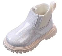 Maeau Bottines Enfant Fille Bottes en Cuir Garçon Bottes à Paillettes Courtes Bottes Cheville Brillantes Imperméable Bottes Plates Vernis Beige 25 Chaussures Antidérapant Clignotante Fermeture Éclair