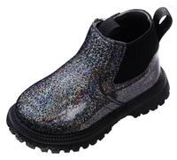 Maeau Bottines Enfant Fille Bottes en Cuir Garçon Bottes à Paillettes Courtes Bottes Cheville Brillantes Imperméable Bottes Plates Vernis Noir 24 Chaussures Antidérapant Clignotante Fermeture Éclair