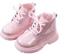 Maeau Bottines Enfant Fille Garçon Bottes à Lacets Botte Paillettes Courtes Bottes Cheville Brillantes Imperméable Bottes Plates Vernis Rose 25 Chaussures Antidérapant Clignotante Fermeture Éclair