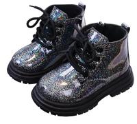 Maeau Bottines Enfant Fille Garçon Bottes à Lacets Botte Paillettes Courtes Bottes Cheville Brillantes Imperméable Bottes Plates Vernis Noir 26 Chaussures Antidérapant Clignotante Fermeture Éclair