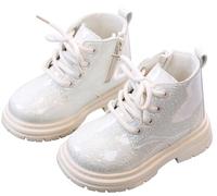 Maeau Bottines Enfant Fille Garçon Bottes à Lacets Botte Paillettes Courtes Bottes Cheville Brillantes Imperméable Bottes Plates Vernis Beige 24 Chaussures Antidérapant Clignotante Fermeture Éclair