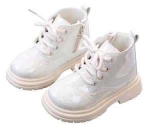 Maeau Bottines Enfant Fille Garçon Bottes à Lacets Botte Paillettes Courtes Bottes Cheville Brillantes Imperméable Bottes Plates Vernis Beige 26 Chaussures Antidérapant Clignotante Fermeture Éclair