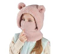 Maeau Cagoule Hiver Tricotée Polaire pour Enfant Bébé Fille 4-10 Ans Bonnet À Double Pompon Naissance Garçon Chapeau en Tricot Snood Ski Casquette Chaud Doux Confortable
