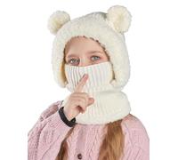 Maeau Cagoule Hiver Tricotée Polaire pour Enfant Bébé Fille 4-10 Ans Bonnet À Double Pompon Naissance Garçon Chapeau en Tricot Snood Ski Casquette Chaud Doux Confortable