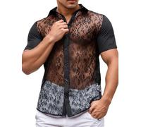 Maeau - Chemises Noir Hommes Dentelle Florale T-Shir Manches Courtes Transparent Sexy Haut Été Clubwear S