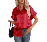 Maeau - Chemisier en Satin Femmes Chemise Boutonnée Manches Courtes Madame Bureau Tops Été Casual Loose Travail Col V Chemise M Rouge