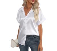 Maeau - Chemisier en Satin Femmes Chemise Boutonnée Manches Courtes Madame Bureau Tops Été Casual Loose Travail Col V Chemise M Blanc