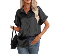Maeau - Chemisier en Satin Femmes Chemise Boutonnée Manches Courtes Madame Bureau Tops Été Casual Loose Travail Col V Chemise M Noir