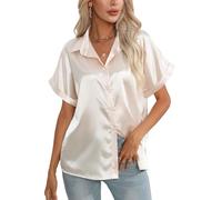 Maeau - Chemisier en Satin Femmes Chemise Boutonnée Manches Courtes Madame Bureau Tops Été Casual Loose Travail Col V Chemise M Couleur Champagne