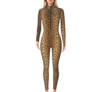 Maeau Combinaison à manches longues pour femme - Motif léopard - Élastique - Col montant - Fermeture éclair sur le devant - S-XL