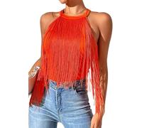 Maeau - Débardeur sans Manches Femme à Franges Camisole Cami Haut Mode Slim Blouse Tops T-Shirt Soirée Fête Club Party - Rouge orangé - S